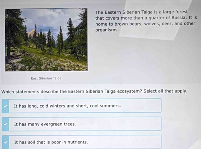 The Eastern Siberian Taiga is a large forest
hat covers more than a quarter of Russia. It is
home to brown bears, wolves, deer, and other
rganisms.
East Siberian Taiga
Which statements describe the Eastern Siberian Taiga ecosystem? Select all that apply.
It has long, cold winters and short, cool summers.
It has many evergreen trees.
It has soil that is poor in nutrients.