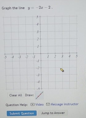 Graph the line y=-2x-2. 
- 
Clear All Draw: 
Question Help: Video Message instructor 
Submit Question Jump to Answer