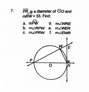 overline PR is a diameter of odot O and
mwidehat RW=55. Find: 
a. moverline PW d. m∠ WRE
b. m∠ RPW θ. m∠ MER
C. m∠ PRW f. m∠ EWR