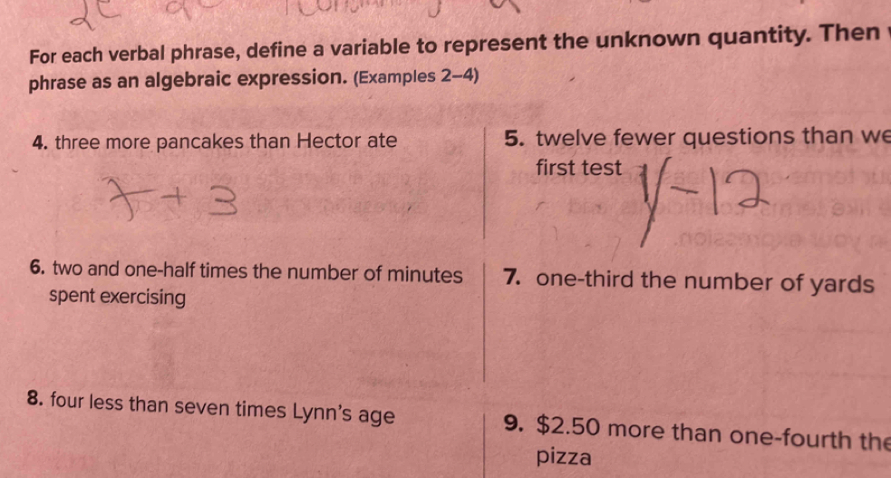 For each verbal phrase, define a variable to represent the unknown ...