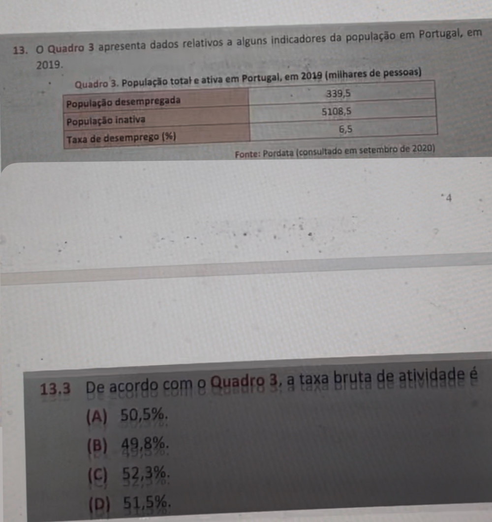 Quadro 3 apresenta dados relativos a alguns indicadores da população em Portugal, em
2019.
ugal, em 2019 (milhares de pessoas)
Fonte: Pordata
13.3 De acordo com o Quadro 3, a taxa bruta de atividade é
(A) 50,5%.
(B) 49,8%.
(C) 52,3%.
(D) 51,5%.