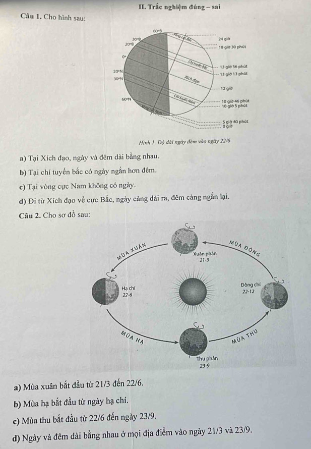 Trắc nghiệm đúng - sai 
Câu 1. Cho hình sau: 
Hình 1. Độ dài ngày đêm vào ngày 22/6
a) Tại Xích đạo, ngày và đêm dài bằng nhau. 
b) Tại chí tuyến bắc có ngày ngắn hơn đêm. 
c) Tại vòng cực Nam không có ngày. 
d) Đi từ Xích đạo về cực Bắc, ngày càng dài ra, đêm càng ngắn lại. 
Câu 2. Cho sơ đồ sau: 
a) Mùa xuân bắt đầu từ 21/3 đến 22/6. 
b) Mùa hạ bắt đầu từ ngày hạ chí. 
c) Mùa thu bắt đầu từ 22/6 đến ngày 23/9. 
d) Ngày và đêm dài bằng nhau ở mọi địa điểm vào ngày 21/3 và 23/9.