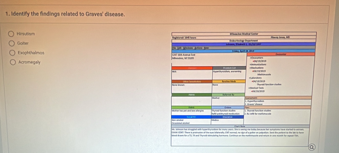 Identify the findings related to Graves' disease.
Hirsutism
Goiter
Exophthalmos
Acromegaly