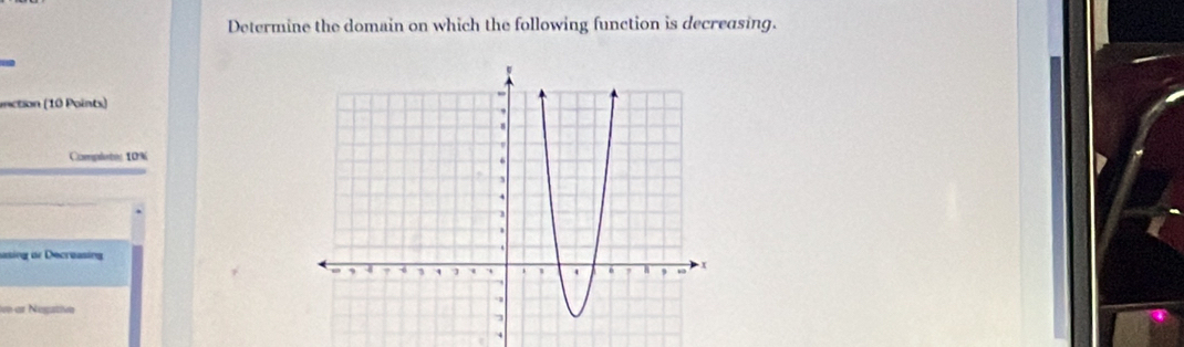 Determine the domain on which the following function is decreasing. 
_a 
inction (10 Points) 
Completes 10%
asing oe Decreasing 
n ar Negativn