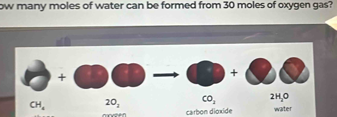 ow many moles of water can be formed from 30 moles of oxygen gas?
+
+
2H_2O
CH_4
2O_2
CO_2
mveen carbon dioxide water