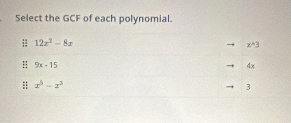 Select the GCF of each polynomial.
12x^2-8x
x^(wedge)3
9x-15
4x
x^5-x^3
3