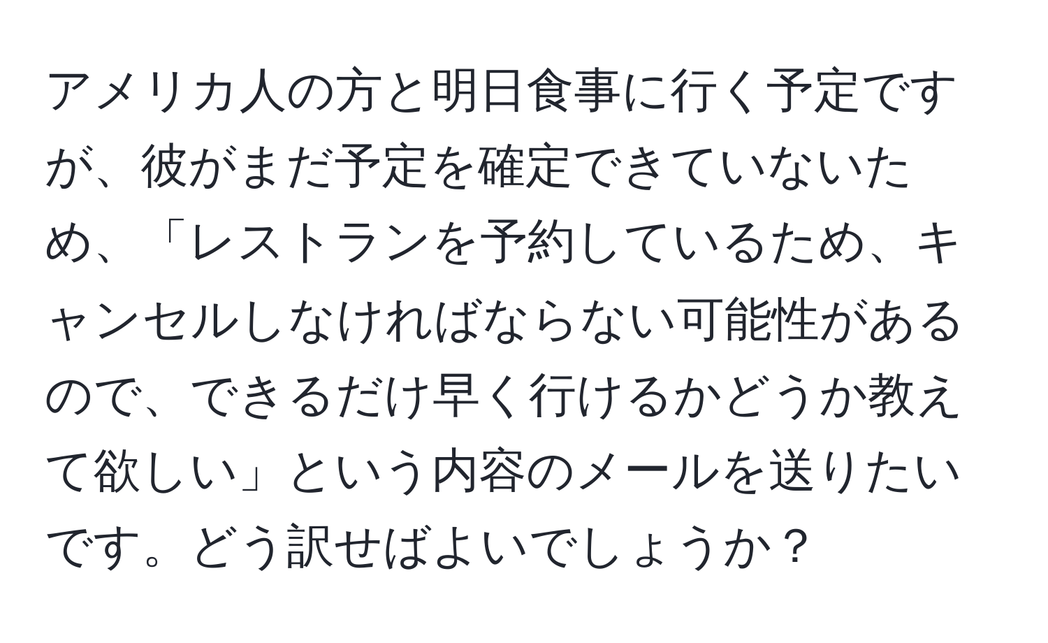 アメリカ人の方と明日食事に行く予定ですが、彼がまだ予定を確定できていないため、「レストランを予約しているため、キャンセルしなければならない可能性があるので、できるだけ早く行けるかどうか教えて欲しい」という内容のメールを送りたいです。どう訳せばよいでしょうか？