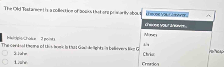 The Old Testament is a collection of books that are primarily about choose your answer...
choose your answer...
Moses
Multiple Choice 2 points
The central theme of this book is that God delights in believers like G sin
3 John Christ e/hosp
1 John Creation