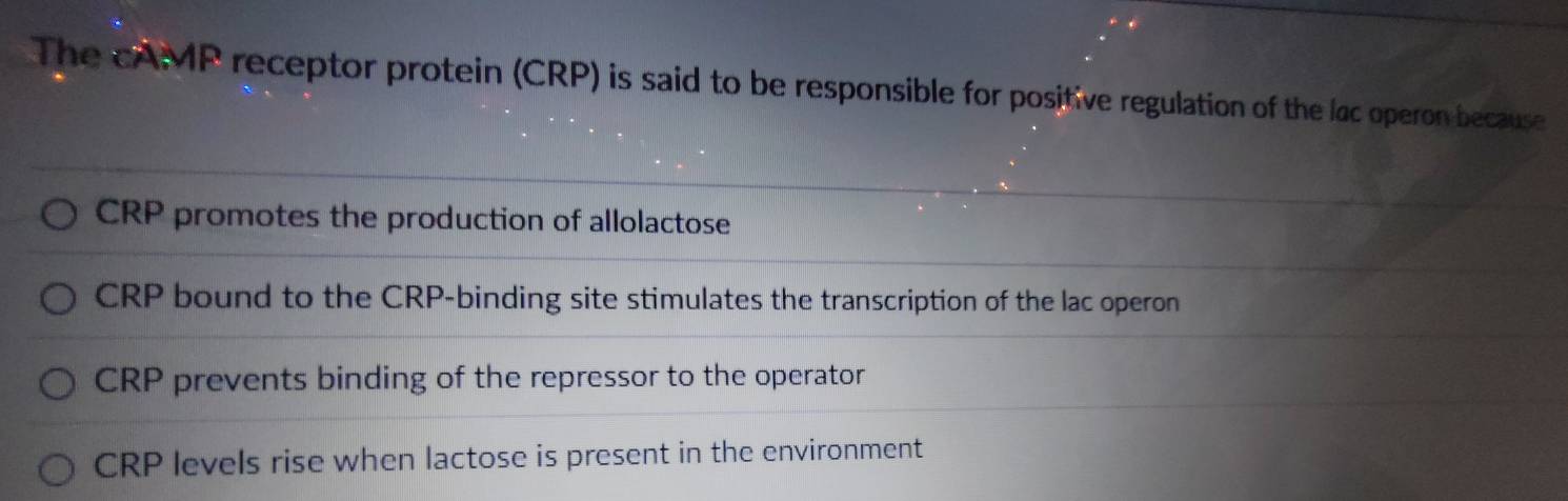 The cAMP receptor protein (CRP) is said to be responsible for positive regulation of the lac operon because
CRP promotes the production of allolactose
CRP bound to the CRP-binding site stimulates the transcription of the lac operon
CRP prevents binding of the repressor to the operator
CRP levels rise when lactose is present in the environment