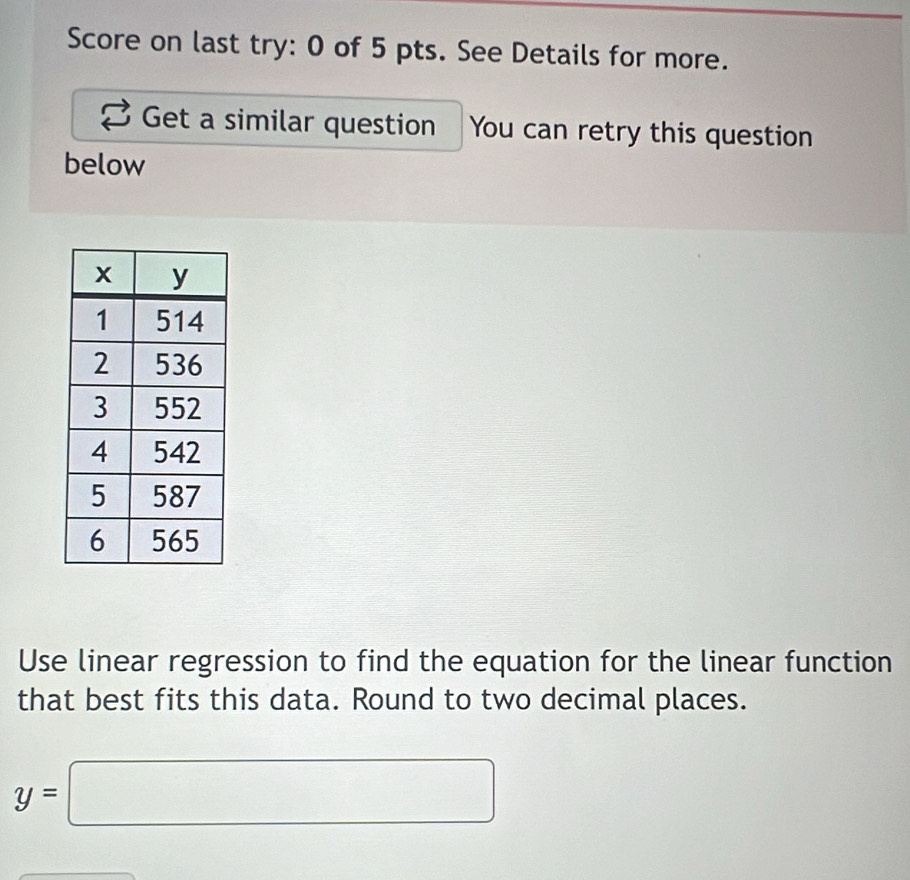 Score on last try: 0 of 5 pts. See Details for more. 
Get a similar question You can retry this question 
below 
Use linear regression to find the equation for the linear function 
that best fits this data. Round to two decimal places.
y=□