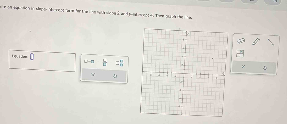 rite an equation in slope-intercept form for the line with slope 2 and y-intercept 4. Then graph the line. 
Equation:
□ =□  □ /□    □ /□  
× 
×