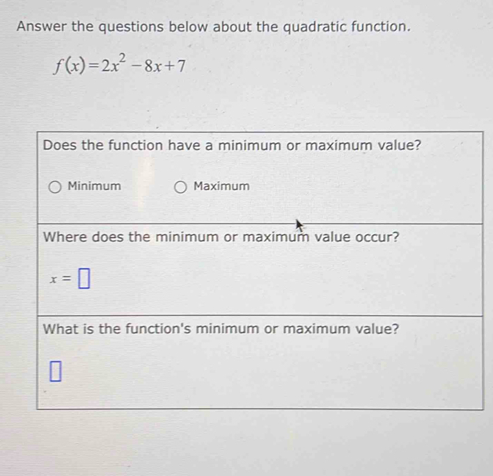 Answer the questions below about the quadratic function.
f(x)=2x^2-8x+7