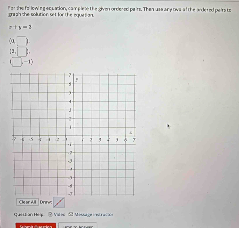 For the following equation, complete the given ordered pairs. Then use any two of the ordered pairs to 
graph the solution set for the equation.
x+y=3
(0,□ ).
(2,□ ),
(□ ,-1)
Clear All Draw: 
Question Help: Video - Message instructor 
Submit Question lump to Answer