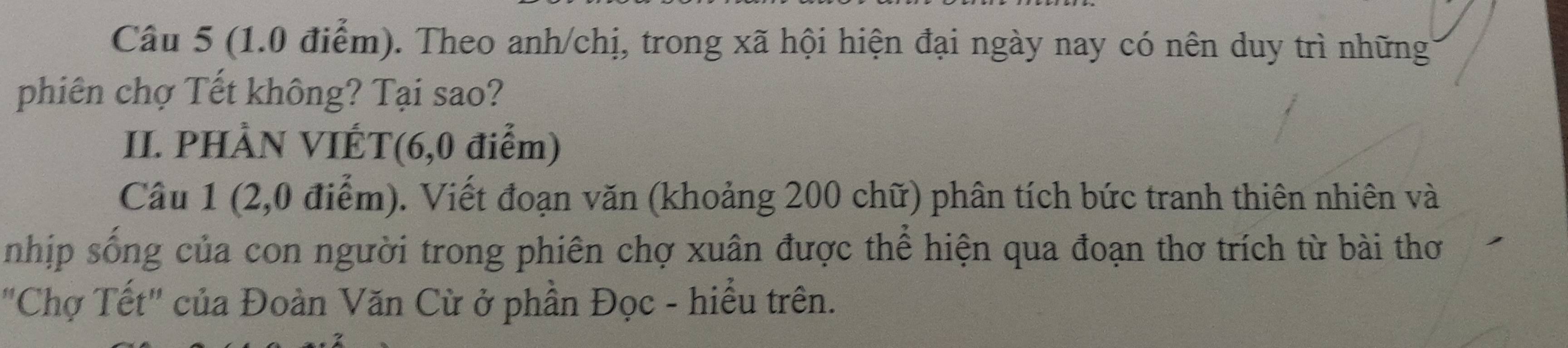 Theo anh/chị, trong xã hội hiện đại ngày nay có nên duy trì những 
phiên chợ Tết không? Tại sao? 
II. PHÀN VIÉT (6,0 điểm) 
Câu 1 (2,0 điểm). Viết đoạn văn (khoảng 200 chữ) phân tích bức tranh thiên nhiên và 
nhịp sống của con người trong phiên chợ xuân được thể hiện qua đoạn thơ trích từ bài thơ 
"Chợ Tết" của Đoàn Văn Cừ ở phần Đọc - hiểu trên.