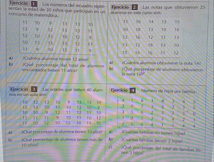 Ejercicio Los números del recuadro repre- Ejercício D Las notas que obtuvieron 25
sentan la edad de 30 niños que participan en un alumnos en este curso son: 
concurso de matemática. 


a) ¿Cuántos alumnos tienen 12 años? 
a) ¿Cuántos alumnos obtuvieron la nota 14? 
b) ¿Qué porcentaje del total de alumnos b) ¿Qué porcentaje de alumnos obtuvieron 
encuestados tienen 11 años? 
la nota 16? 
Ejercicio Las edades que tienen 40 alum- Ejercicio 4 Número de hijos por familia: 
nos en un aula son:
10 12 13 10 9 13 12 10
12 13 10 11 10 13 10 9
10 10 9 12 11 12 11 10
13 11 11 9 10 11 10 12
11 10 12 10 12 10 11 10
a) ¿Qué porcentaje de alumnos tienen 10 años? a) ¿Cuántas familias no tienen hijos? 
b) ¿Qué porcentaje de alumnos tienen más de b) ¿Cuántas familias tienen 2 hijos?
10 años? ¿Qué porcentaje del total de familias tie 
c) 
nen 3 hijos?