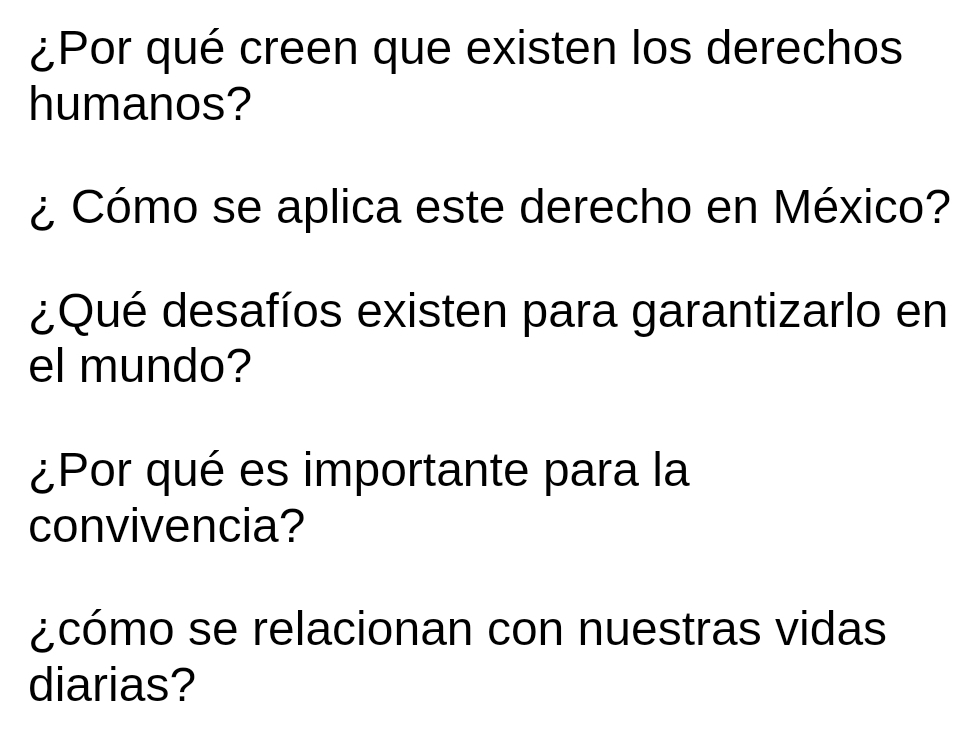 ¿Por qué creen que existen los derechos 
humanos? 
¿ Cómo se aplica este derecho en México? 
¿Qué desafíos existen para garantizarlo en 
el mundo? 
¿Por qué es importante para la 
convivencia? 
¿cómo se relacionan con nuestras vidas 
diarias?