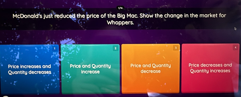 VN
McDonald's just reduced the price of the Big Mac. Show the change in the market for
Whoppers.
1
2
3
Price increases and Price and Quantity Price and Quantity Price decreases and
Quantity decreases increase decrease Quantity increases