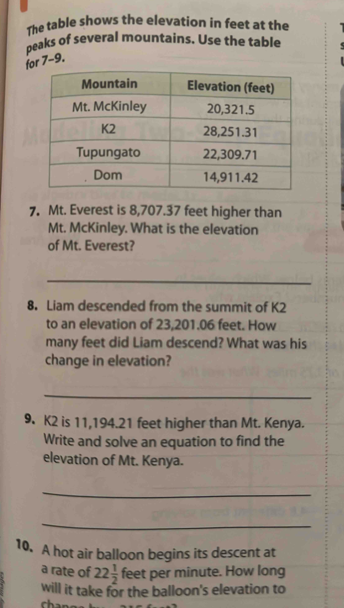 The table shows the elevation in feet at the 
peaks of several mountains. Use the table 
for 7-9. 
7. Mt. Everest is 8,707.37 feet higher than 
Mt. McKinley. What is the elevation 
of Mt. Everest? 
_ 
8. Liam descended from the summit of K2
to an elevation of 23,201.06 feet. How 
many feet did Liam descend? What was his 
change in elevation? 
_ 
9. K2 is 11,194.21 feet higher than Mt. Kenya. 
Write and solve an equation to find the 
elevation of Mt. Kenya. 
_ 
_ 
10. A hot air balloon begins its descent at 
a rate of 22 1/2  feet per minute. How long 
will it take for the balloon's elevation to