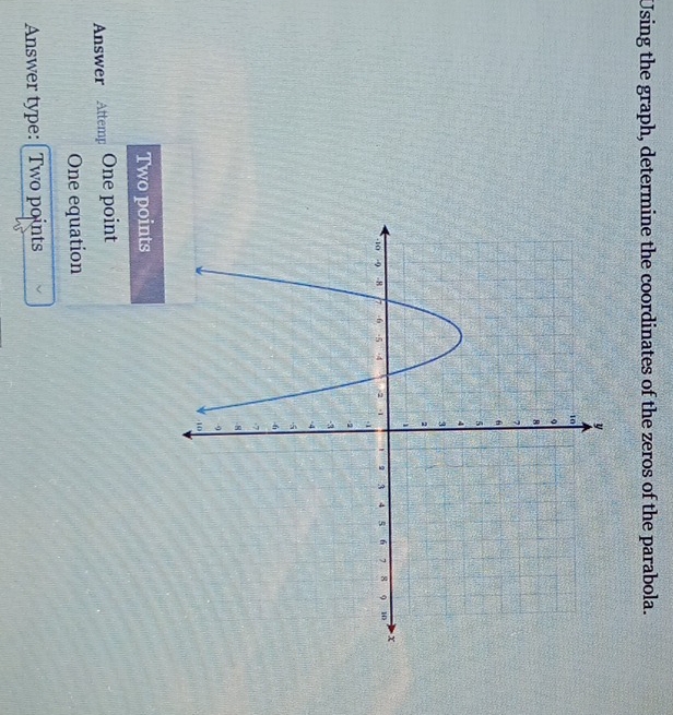 Using the graph, determine the coordinates of the zeros of the parabola. 
Two points 
Answer Attemp One point 
One equation 
Answer type: Two points