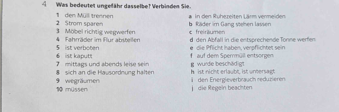 Was bedeutet ungefähr dasselbe? Verbinden Sie.
1 den Müll trennen a in den Ruhezeiten Lärm vermeiden
2 Strom sparen b Räder im Gang stehen lassen
3 Möbel richtig wegwerfen c freiräumen
4 Fahrräder im Flur abstellen d den Abfall in die entsprechende Tonne werfen
5 ist verboten e die Pflicht haben, verpflichtet sein
6 ist kaputt f auf dem Sperrmüll entsorgen
7 mittags und abends leise sein g wurde beschädigt
8 sich an die Hausordnung halten h ist nicht erlaubt, ist untersagt
9 wegräumen i den Energieverbrauch reduzieren
10 müssen j die Regeln beachten