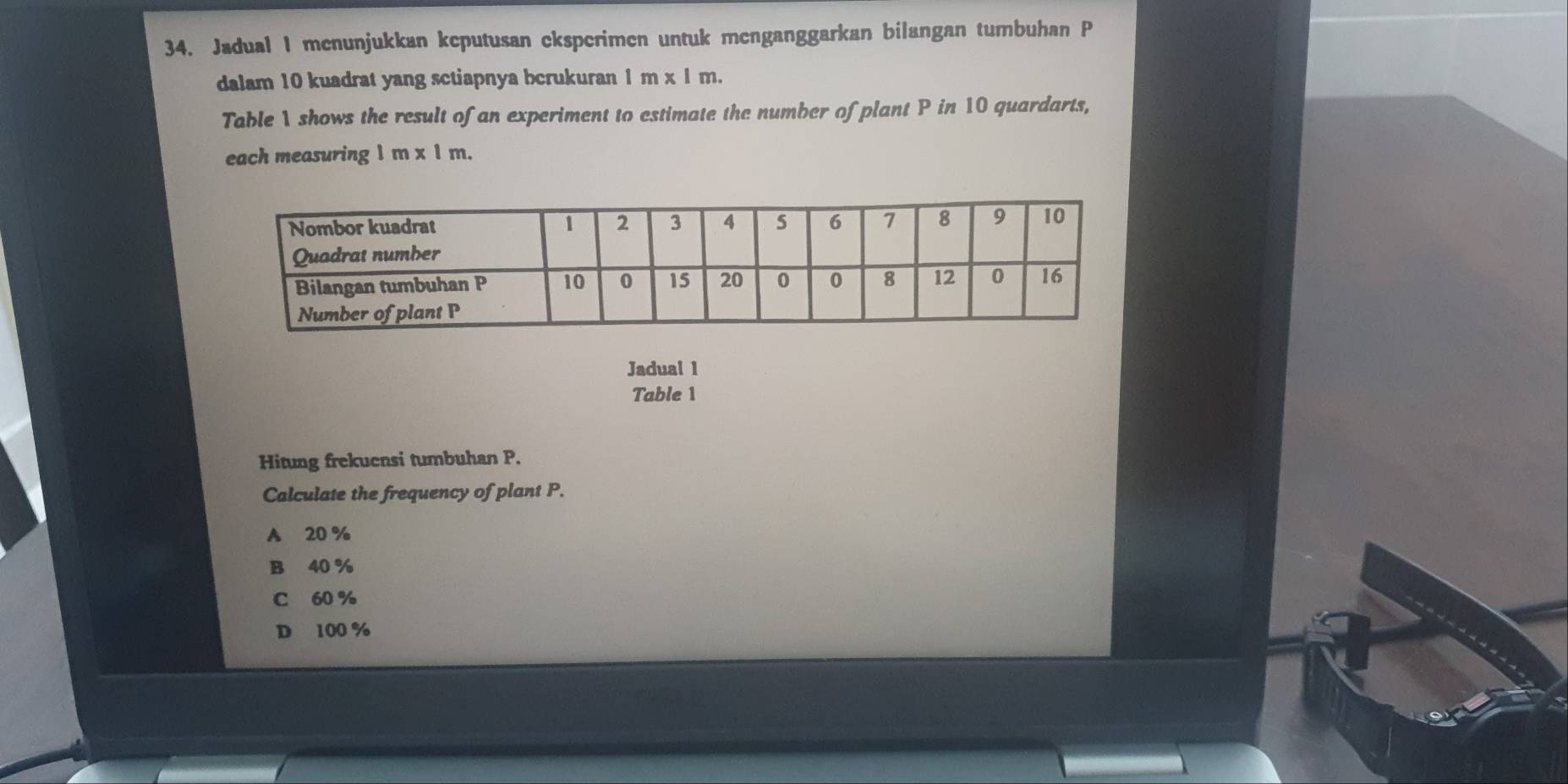 Jadual I menunjukkan keputusan eksperimen untuk menganggarkan bilangan tumbuhan P
dalam 10 kuadrat yang sctiapnya bcrukuran 1m* 1m. 
Table 1 shows the result of an experiment to estimate the number of plant P in 10 quardarts,
each measuring 1m* 1m. 
Jadual 1
Table 1
Hitung frekuensi tumbuhan P.
Calculate the frequency of plant P.
A 20 %
B 40 %
C 60 %
D 100 %