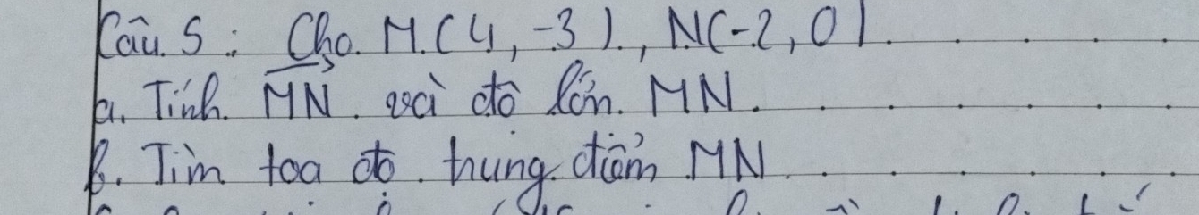 Cau S : Cho M(4,-3), N(-2,0). 
A. Tine. vector MN goci do Con. MN. 
8. Tim toa ¢o. hung cdiam MN