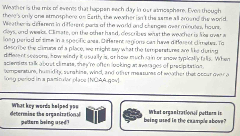 Weather is the mix of events that happen each day in our atmosphere. Even though 
there's only one atmosphere on Earth, the weather isn’t the same all around the world. 
Weather is different in different parts of the world and changes over minutes, hours,
days, and weeks. Climate, on the other hand, describes what the weather is like over a 
long period of time in a specific area. Different regions can have different climates. To 
describe the climate of a place, we might say what the temperatures are like during 
different seasons, how windy it usually is, or how much rain or snow typically falls. When 
scientists talk about climate, they're often looking at averages of precipitation, 
temperature, humidity, sunshine, wind, and other measures of weather that occur over a 
long period in a particular place (NOAA.gov). 
What key words helped you 
determine the organizational 
What organizational pattern is 
pattern being used? 
being used in the example above?