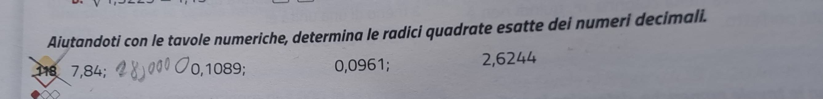 Aiutandoti con le tavole numeriche, determina le radici quadrate esatte dei numeri decimali.
1187,84; 0,1089; 0,0961; 2,6244