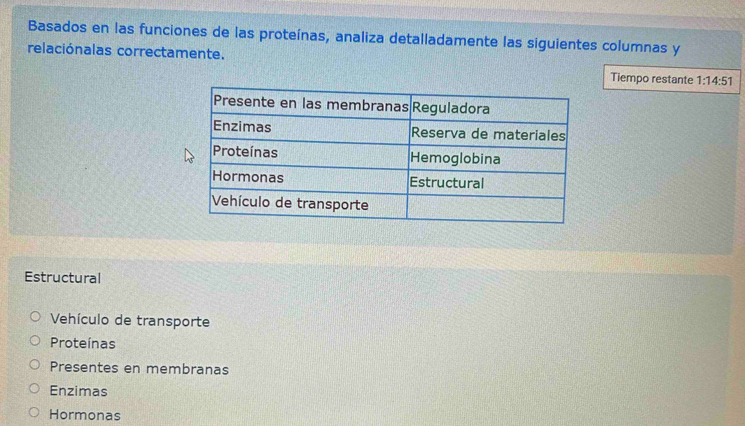 Basados en las funciones de las proteínas, analiza detalladamente las siguientes columnas y
relaciónalas correctamente.
Tiempo restante 1:14:51
Estructural
Vehículo de transporte
Proteínas
Presentes en membranas
Enzimas
Hormonas