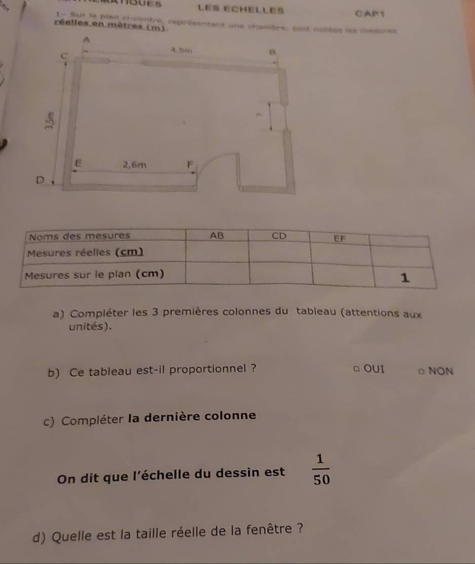 Lês echellès
CAP1
1- Sur la plan cl-contre, représensant une chambre, sont nollées les mesures
réelles en mètres (m)
a) Compléter les 3 premières colonnes du tableau (attentions aux
unités).
b) Ce tableau est-il proportionnel? □ OUI □ NON
c) Compléter la dernière colonne
On dit que l'échelle du dessin est  1/50 
d) Quelle est la taille réelle de la fenêtre ?