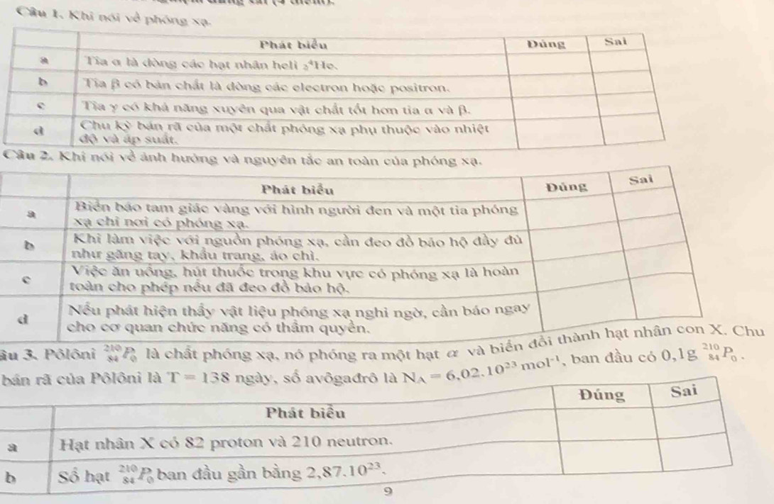 Khi nói về phóng xạ.
Khí nói về ảnh hưởng và nguy
âu 3. Pôlôni beginarrayr 210 84endarray P_Q là chất phóng xạ, nó phóng ra một hạt
b N_A=6,02.10^(23)mol^(-1) , ban đầu có