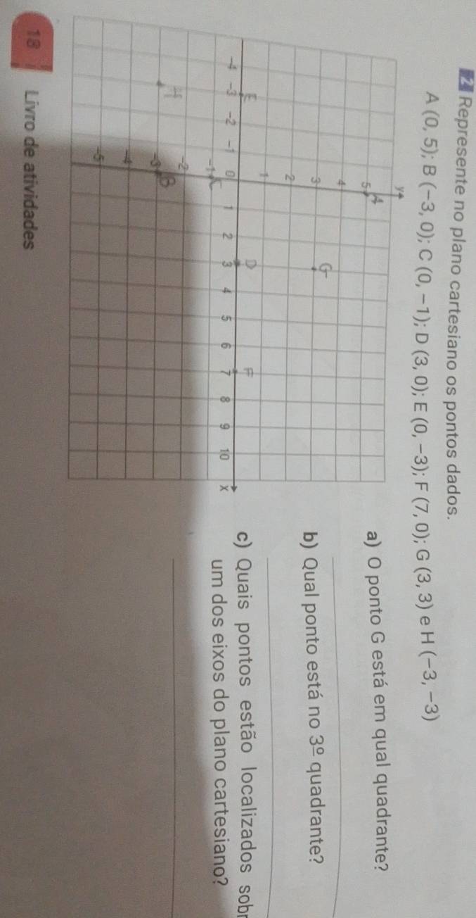 Represente no plano cartesiano os pontos dados.
A(0,5); B(-3,0); C(0,-1); D(3,0); E(0,-3); F(7,0); G(3,3) e H(-3,-3)
) O ponto G está em qual quadrante? 
_ 
quadrante? 
) Qual ponto está no 3^(_ circ)
_ 
) Quais pontos estão localizados sobr 
um dos eixos do plano cartesiano? 
_ 
18 Livro de atividades