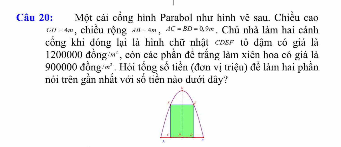 Một cái cổng hình Parabol như hình vẽ sau. Chiều cao
GH=4m , chiều rộng AB=4m, AC=BD=0, 9m. Chủ nhà làm hai cánh 
cổng khi đóng lại là hình chữ nhật cdeF tô đậm có giá là
1200000dong/m^2 , còn các phần để trắng làm xiên hoa có giá là
900000dhat ong/m^2. Hỏi tổng số tiền (đơn vị triệu) để làm hai phần 
nói trên gần nhất với số tiền nào dưới đây?
F E
c H D
A
B