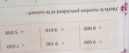 <8000|<<8000endarray <9100 <901030<5050
12 J'écris le nombre précédent et le suivant :