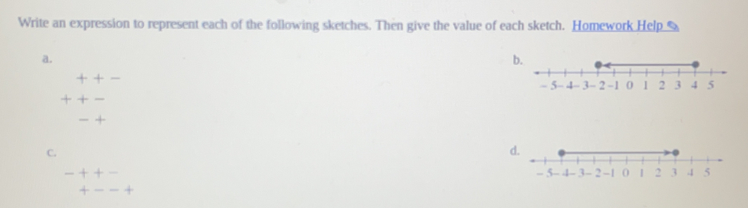 Write an expression to represent each of the following sketches. Then give the value of each sketch. Homework Help_
a.
b
++-
++-
-4
C.
d.
-++
+-