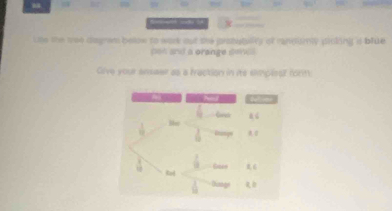 fewh sod A 
tae the weo diagram below to wark out she pratutullty of rndurly picling a blue 
pen and a orange senes . 
Give your ansaer as a faction in its shmplest form