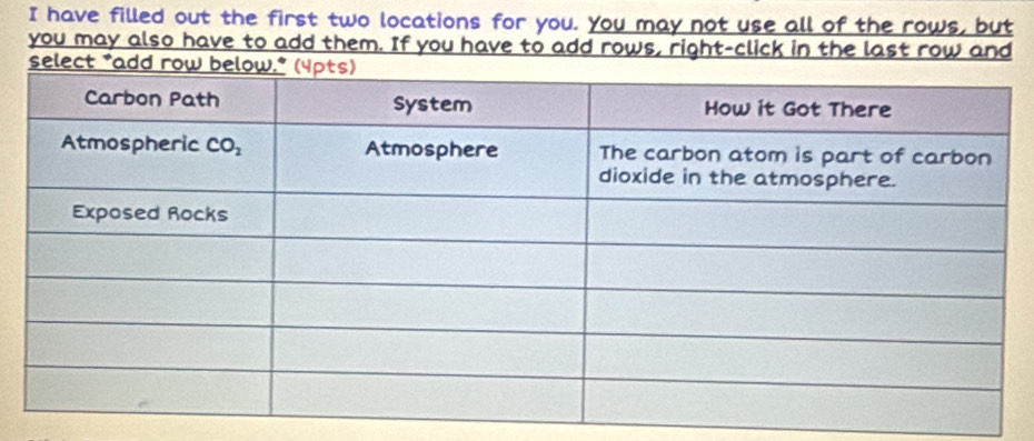 have filled out the first two locations for you. You may not use all of the rows, but
you may also have to add them. If you have to add rows, right-click in the last row and