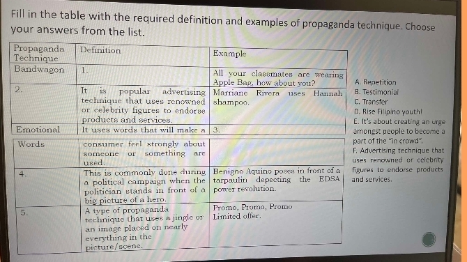 Fill in the table with the required definition and examples of propaganda technique. Choose
your answers from the list.
tion
nial
r
ipino youth!
ut creating an urge
people to become a
“in crowd”.
ing technique that
wned or celebrity .
endorse products 
es.