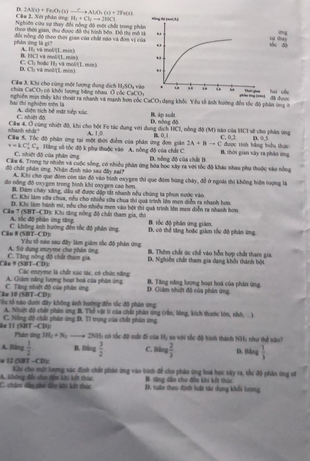 D. 2Al(s)+Fe_2O_3(s)xrightarrow t°Al_2O_3(s)+2Fe(s).
Cầu 2. Xét phản ứng: H_2+Cl_2to 2HCl
Nghiên cứu sự thay đồi nồng độ một chất trong phả
úng
theo thời gian, thu được đồ thị hình bên. Đồ thị mô t thay
đổi nồng độ theo thời gian của chất nào và đơn vị củ
phản ứng là gì? c độ
A. H_2 và  mol/(L.min)
B. HCI và mol/(L.min)
C. Cl_2 hoặc H_2 và mol/(L.min).
D. Cl_2 và n 101/( L.min) 
Cầu 3. Khi cho cùng một lượng dung dịch H_2SO_4 và
chứa CaCO_3 có khổi lượng băng nhau. Ở cốc CaCO_3 i cốc
ín) đã được
nghiên mịn thầy khí thoát ra nhanh và mạnh hơn cốc CaCO_3 dạng khối. Yếu tố ảnh hưởng đến tốc độ phân ứng ở
hai thí nghiệm trên là
A. diện tích bề mặt tiếp xúc. B. áp suất.
C. nhiệt độ.
D. nồng độ
Cầu 4. Ở cùng nhiệt độ, khi cho bột Fe tác dụng với dung dịch HCl, nồng độ (M) nào của HCl sẽ cho phản ứng
nhanh nhất? A. 1,0. B. 0,1.
C. 0.2 D. 0,5
Cầu 5. Tốc độ phân ứng tại một thời điểm của phản ứng đơn giân 2A+Bto C được tính băng biểu thức:
v=k.C_A^(2C_B) Hãng số tốc độ k phụ thuộc vào A. nồng độ của chất C. B thời gian xảy ra phân ứng
C. nhiệt độ của phân ứng D. nồng độ của chất B.
Câu 6. Trong tự nhiên và cuộc sống, có nhiều phản ứng hóa học xảy ra với tốc độ khác nhau phụ thuộc vào nồng
độ chất phân ứng. Nhận định nào sau đây sai?
A. Khi cho que đóm còn tản đỏ vào bình oxygen thì que đóm bùng cháy, đề ở ngoài thì không hiện tượng là
do nổng độ oxygen trong binh khí oxygen cao hơn.
B. Đám cháy xăng, dầu sẽ được dập tắt nhanh nều chúng ta phun nước vào.
C. Khi làm sữa chua, nếu cho nhiều sữa chua thi quá trình lên men diễn ra nhanh hơn
D. Khi làm bánh mì, nều cho nhiều men vào bột thi quá trình lên men diễn ra nhanh hơn.
Câu 7 (SBT-CD): Khi tăng nồng độ chất tham gia, thi
A. tộc độ phản ứng tăng B. tốc độ phân ứng giảm.
C. không ảnh hưởng đến tốc độ phản ứng. D. có thể tăng hoặc giảm tốc độ phản ứng.
Câu 8 (SBT-CD):
Yếu tổ nao sau đây làm giâm tốc độ phân ứng:
A. Sử dụng enzyme cho phân ứng B. Thêm chất ức chế vào hỗn hợp chất tham gia
C. Tăng nổng độ chất tham gia D. Nghiên chất tham gia dạng khổi thành bột.
Câu 9 (SBT-CD):
Các enzyme là chất xúc tác, có chức năng:
A. Giảm năng lượng hoạt hoá của phân ứng B. Tăng năng lượng hoạt hoá của phản ứng.
C. Tăng nhiệt độ của phân ứng D. Giâm nhiệt độ của phân ứng.
ån 10 (△ b T-CD):
Têu tổ nào dưới đây không ảnh hưỡng đến tốc độ phân ứng
A. Nhiệt độ chất phân ứng B. Thể vật lí của chất phân ứng (rấn, lóng, kích thước lớn, nhỏ, .).
C. Nông độ chất phân ứng D. Tỉ trọng của chất phân ứng.
âu 11 (SBT -CD):
Phản ứng 3H_2+N_2 2NH) có tốc độ mắt đi cáa H_2 so với tốc độ hình thành NH1 như thể não?
A. Bàng  1/2  B. Băng  3/2  C. Bảng  2/3  D. Bảng  1/3 
12(SBT-CD):
Khi cho một lượng xác định chất phán ứng vào bình đễ cho phân ứng hoá học xây ra, tc độ phân ứng sẽ
A. không đài cho đến khi kết thúc. B. sing dẫn cho đến khi kết thức
C. châm đân cho đứo khi kết thúc D. táo theo định luật tác dụng khối lượng