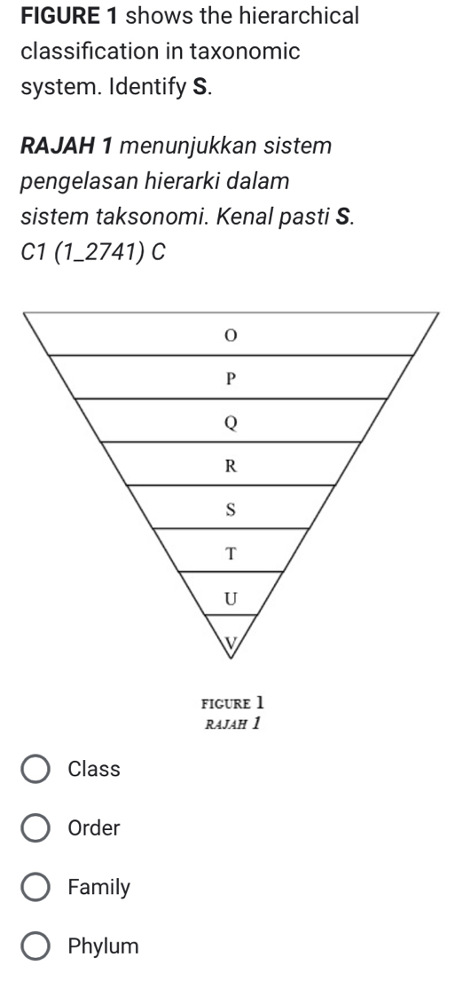 FIGURE 1 shows the hierarchical
classification in taxonomic
system. Identify S.
RAJAH 1 menunjukkan sistem
pengelasan hierarki dalam
sistem taksonomi. Kenal pasti S.
C1 (1_2741) C
FIGURE 1
RAJAH 1
Class
Order
Family
Phylum