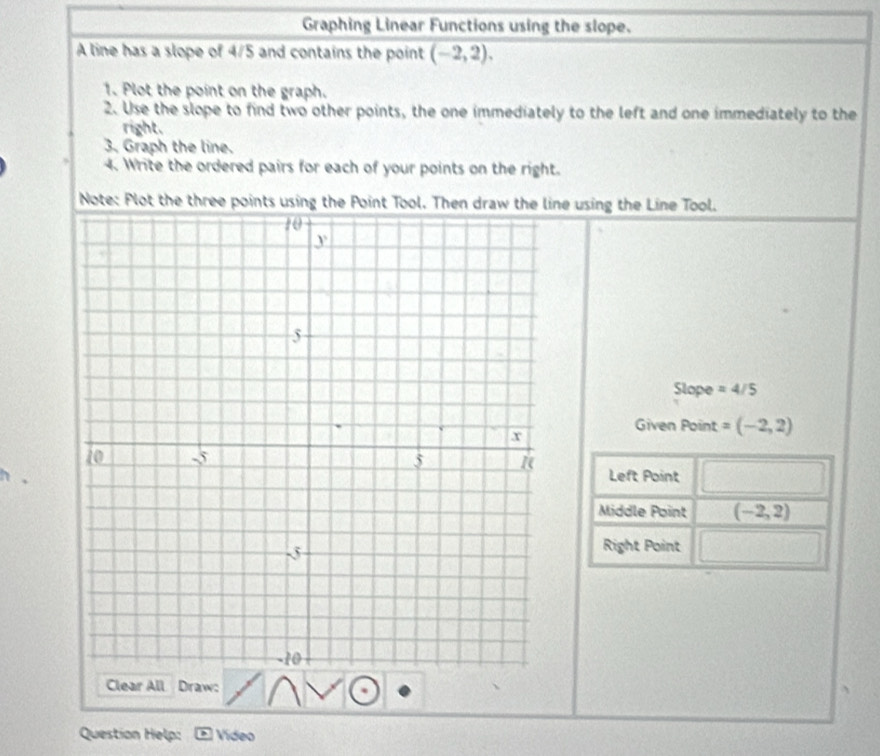 Graphing Linear Functions using the slope. 
A line has a slope of 4/5 and contains the point (-2,2),2)
1. Plot the point on the graph. 
2. Use the slope to find two other points, the one immediately to the left and one immediately to the 
right. 
3. Graph the line. 
4. Write the ordered pairs for each of your points on the right. 
Note: Plot the three points using the Point Tone using the Line Tool. 
Slope =4/5
Given Point =(-2,2)
Left Point 
Middle Point (-2,2)
Right Point 
Clear All Draw: 
Question Help: Vídeo