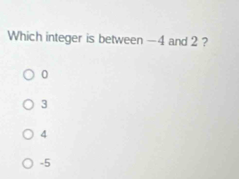 Which integer is between -4 and 2 ?
0
3
4
-5