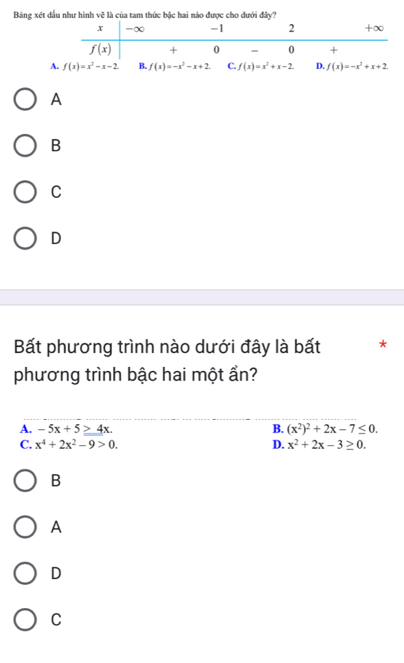 Bảng xét dấu như hình vẽ là của tam thức bậc hai nào được cho dưới đây?
A
A
B
C
D
Bất phương trình nào dưới đây là bất *
phương trình bậc hai một ẩn?
A. -5x+5≥ 4x. B. (x^2)^2+2x-7≤ 0.
C. x^4+2x^2-9>0. D. x^2+2x-3≥ 0.
B
A
D
C