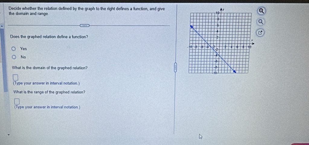 Decide whether the relation defined by the graph to the right defines a function, and give
the domain and range
Does the graphed relation define a function?
Yes
No
What is the domain of the graphed relation? 
(Type your answer in interval notation.)
What is the range of the graphed relation?
(Type your answer in interval notation )