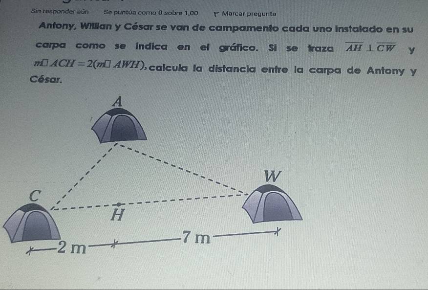 Sin responder aún Se puntúa como 0 sobre 1,00 P Marcar pregunta 
Antony, Willian y César se van de campamento cada uno instalado en su 
carpa como se indica en el gráfico. Si se traza overline AH⊥ overline CW y
m□ ACH=2(m□ AWH) calcula la distancia entre la carpa de Antony y 
César.
A
W
C
H
7 m
2 m