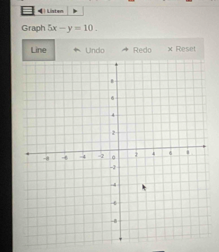 Listen 
Graph 5x-y=10. 
Line Undo Redo x Reset