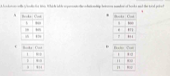 A bookstore sells 5 books for $00. Which iable represents the relationship between number of books and the total price? 
A " 



0