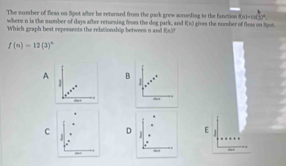 The number of fleas on Spot after he returned from the park grew according to the function f(n)=12(3)^5, 
where n is the number of days after returning from the dog park, and f(n) gives the number of fleas on Spot.
Which graph best represents the relationship between n and f(n) ?
f(n)=12(3)^n
A
B
day1 days
C
D j
E 1
3
sty1 a
days a