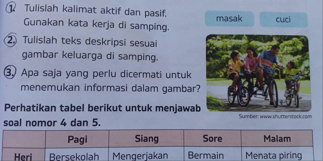 Tulislah kalimat aktif dan pasif. 
masak cuci 
Gunakan kata kerja di samping. 
2)Tulislah teks deskripsi sesuai 
gambar keluarga di samping. 
3. Apa saja yang perlu dicermati untuk 
menemukan informasi dalam gambar? 
Perhatikan tabel berikut untuk menjawab 
Sumber: www.shutterstock.com 
soal nomor 4 dan 5.