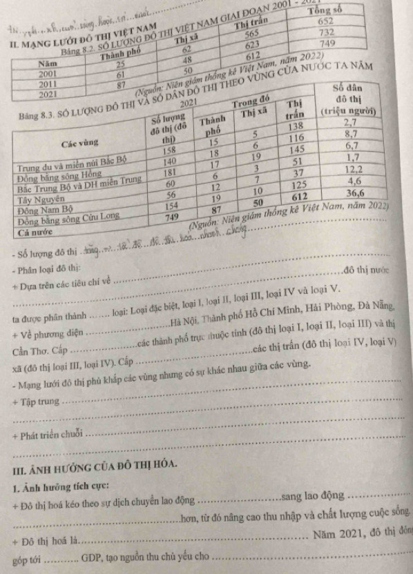 2001 - 
_
- Số lượng đô thị_
- Phân loại đô thị: đô thị nước
+ Dựa trên các tiêu chí về
ta được phân thành  loại: Loại đặc biệt, loại I, loại II, loại III, loại IV và loại V.
+ Về phương diện _Hà Nội, Thành phố Hồ Chí Minh, Hải Phòng, Đả Nẵng,
_
Cần Thơ. Cấp_ _các thành phố trực thuộc tỉnh (đô thị loại I, loại II, loại III) và thị
các thị trấn (đô thị loại IV, loại V)
_
xã (đô thị loại III, loại IV). Cấp
- Mạng lưới đô thị phủ kháp các vùng nhưng có sự khác nhau giữa các vùng.
_
+ Tập trung
_+ Phát triển chuỗi
_
III. Ânh hưởng của đồ thị hóa.
1. Ảnh hưỡng tích cực:
+ Đô thị hoá kéo theo sự dịch chuyển lao động _sang lao động
_
_
.hơn, từ đó nâng cao thu nhập và chất lượng cuộc sống.
_
+ Đô thị hoá là. _Năm 2021, đô thị đồn
góp tới _GDP, tạo nguồn thu chủ yếu cho